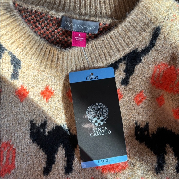 VINCE CAMUTO Women’s Halloween Sweater Tan w/Black Cats & Pumpkins Drop Sleeve - Picture 4 of 7